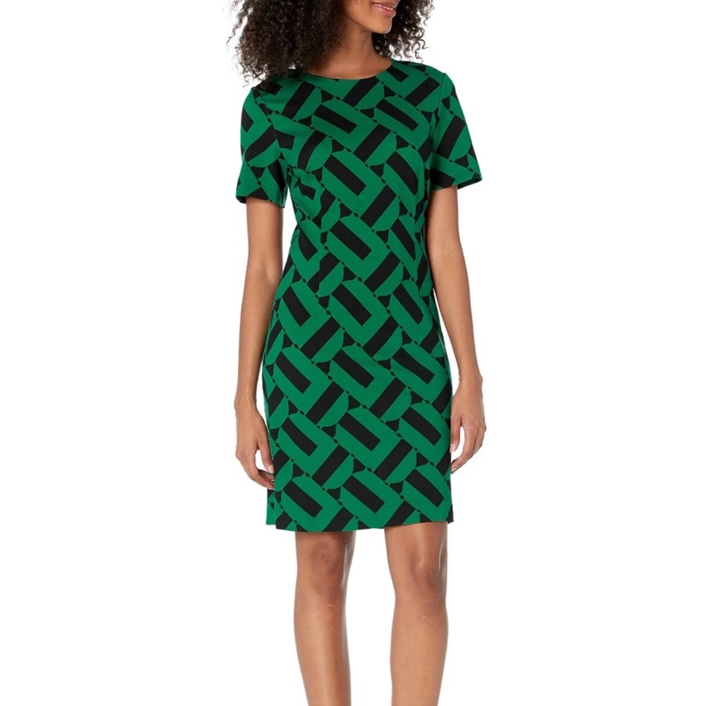 Trina Turk black & emerald geometric print sheath dress